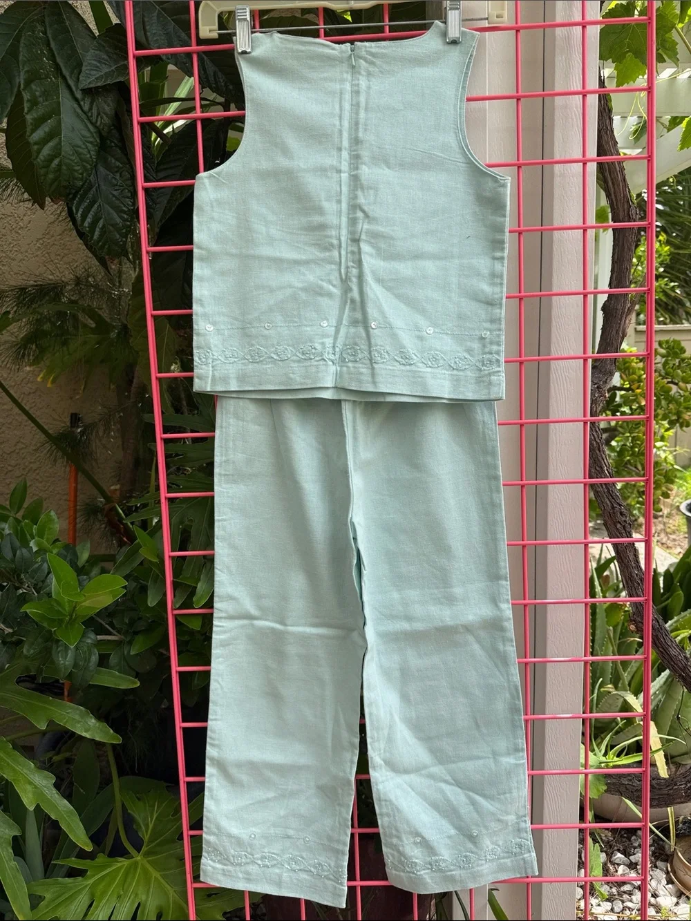 Vintage Light Blue Embroidered Linen Two-Piece Set